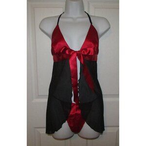 Red Satin Babydoll Thong Set - Sz L - NEW